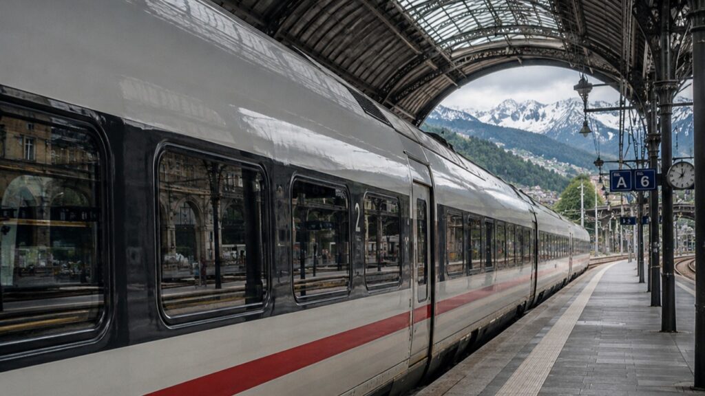 European passenger train at a station during a rail journey across Europe