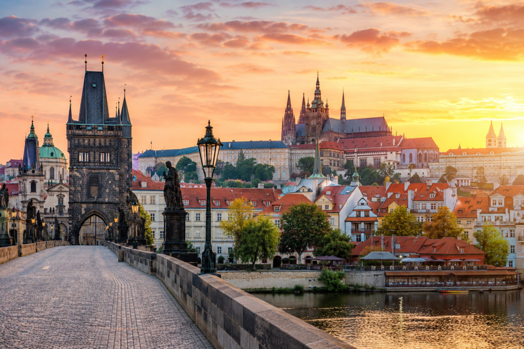Charles Bridge and Prague Castle in Prague, Czechia at sunrise