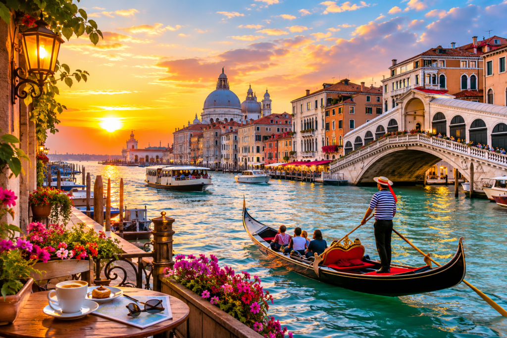 Travelers arriving in Venice by train at Venezia Santa Lucia with a view of the Grand Canal, gondolas, and historic Venetian architecture.