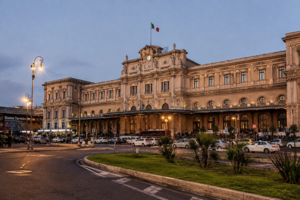 Travelers arriving at Rome Termini Train Station in Rome, Italy.