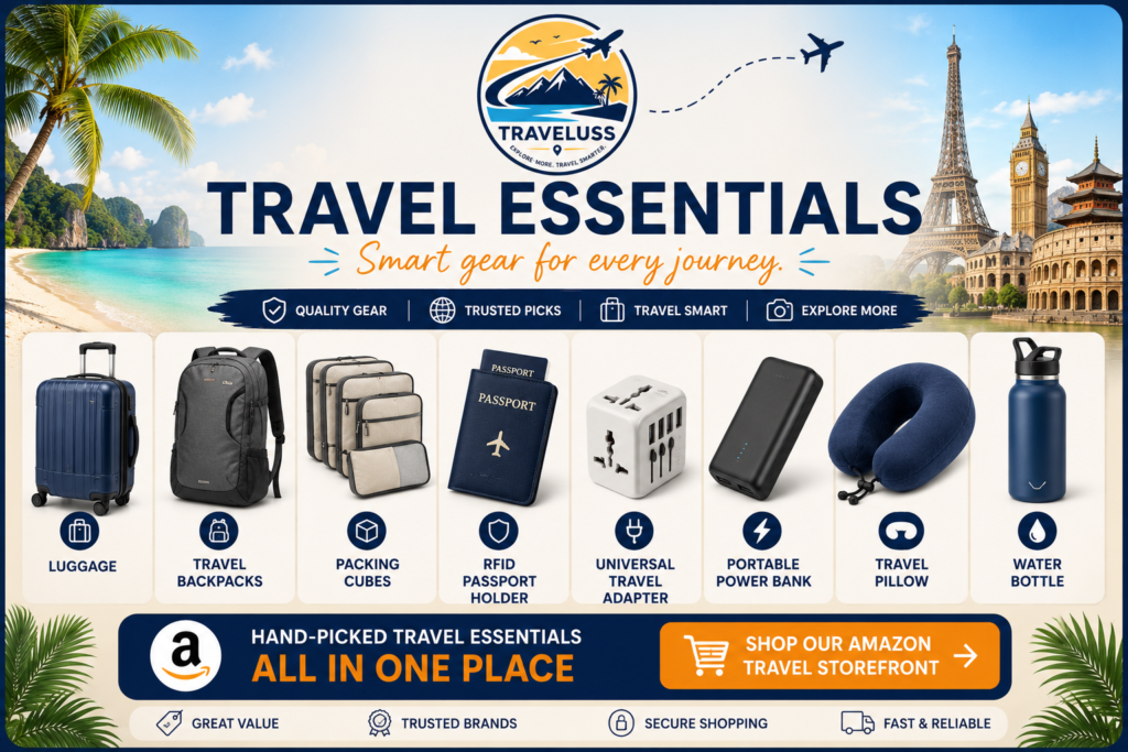 Traveluss Travel Essentials editorial graphic featuring luggage, travel backpack, packing cubes, RFID passport holder, universal travel adapter, portable power bank, travel pillow, water bottle, and a link to the Amazon Travel Storefront.