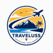 Traveluss round logo featuring an airplane, mountains, ocean, palm tree, and sunset representing travel guides, destinations, and smart travel planning.