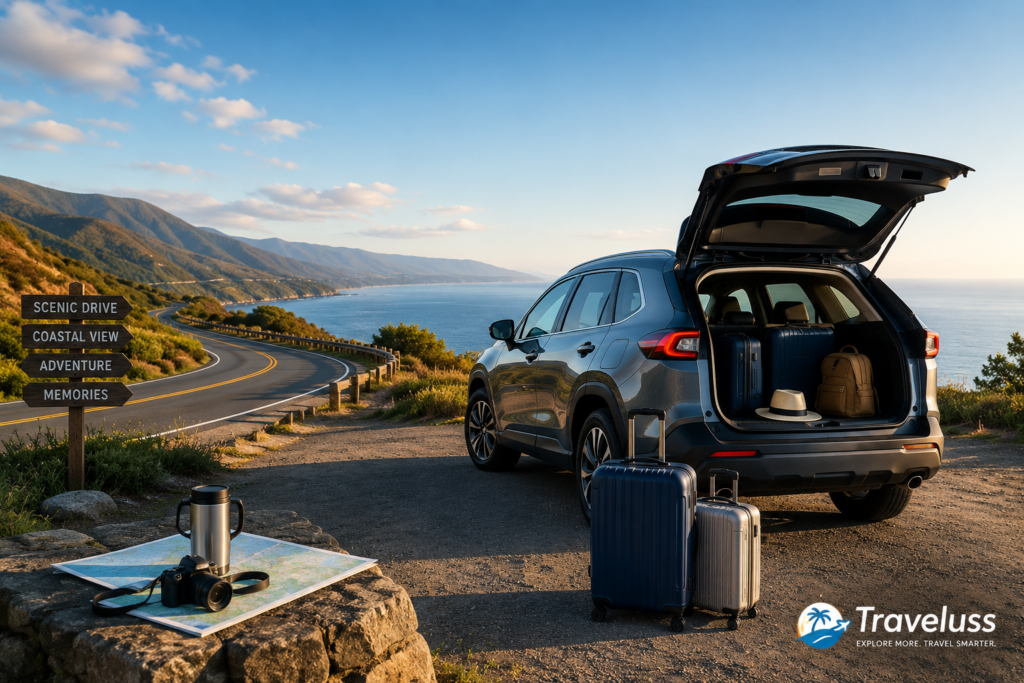 Modern SUV parked along a scenic coastal highway with travel luggage, representing reliable car rental for road trips and vacations.
