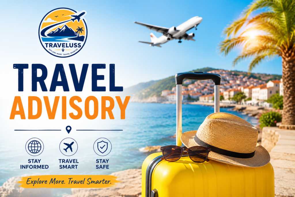 Worldwide travel advisory graphic with sunny beach destination, airplane, and Traveluss logo highlighting flight disruptions and travel safety updates.