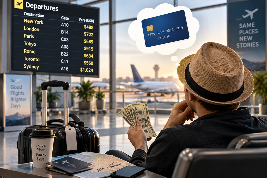 “Traveler counting cash in an airport while considering paying for a flight with a credit card.”