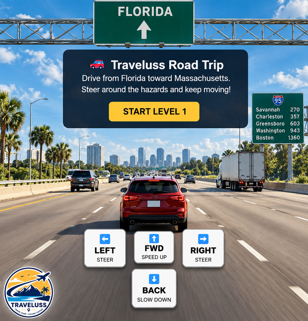 Realistic interstate road trip scene for the Traveluss Road Trip driving game, featuring highway traffic, Florida signage, and travel directions toward Massachusetts.